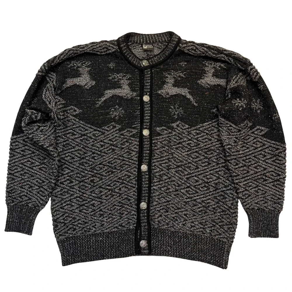 Dale of Norway Black Gray Pure New Wool Nordic Reindeer Cardigan Sweater Size M - Picture 2 of 7